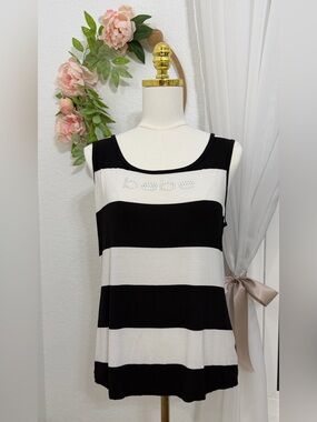 NEW BEBE Vintage Y2K Rhinestone LOGO Tank Top Black & White Striped Open Back-L